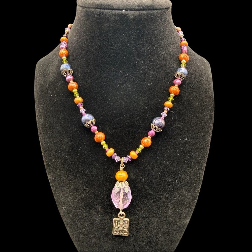 Sacred Jewelz Multicolor Beaded Necklace with Ganesha Pendant 10” drop
